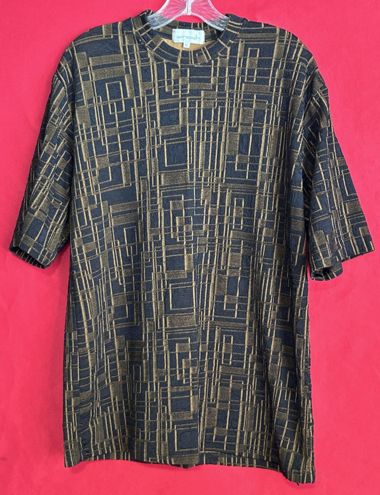 Vintage 90s Smash Short Sleeve Stretch XL T-shirt Black Gold Geometric Pattern