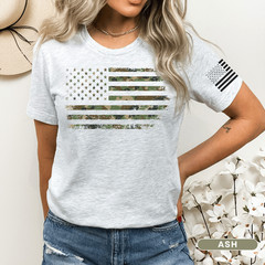 Camo American Flag T-Shirt with American Flag on Left Sleeve