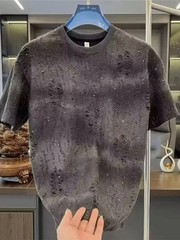 Men Luxury Fashion Trendy Ripped Sequin Diamond Rhinestone Summer T-shirt