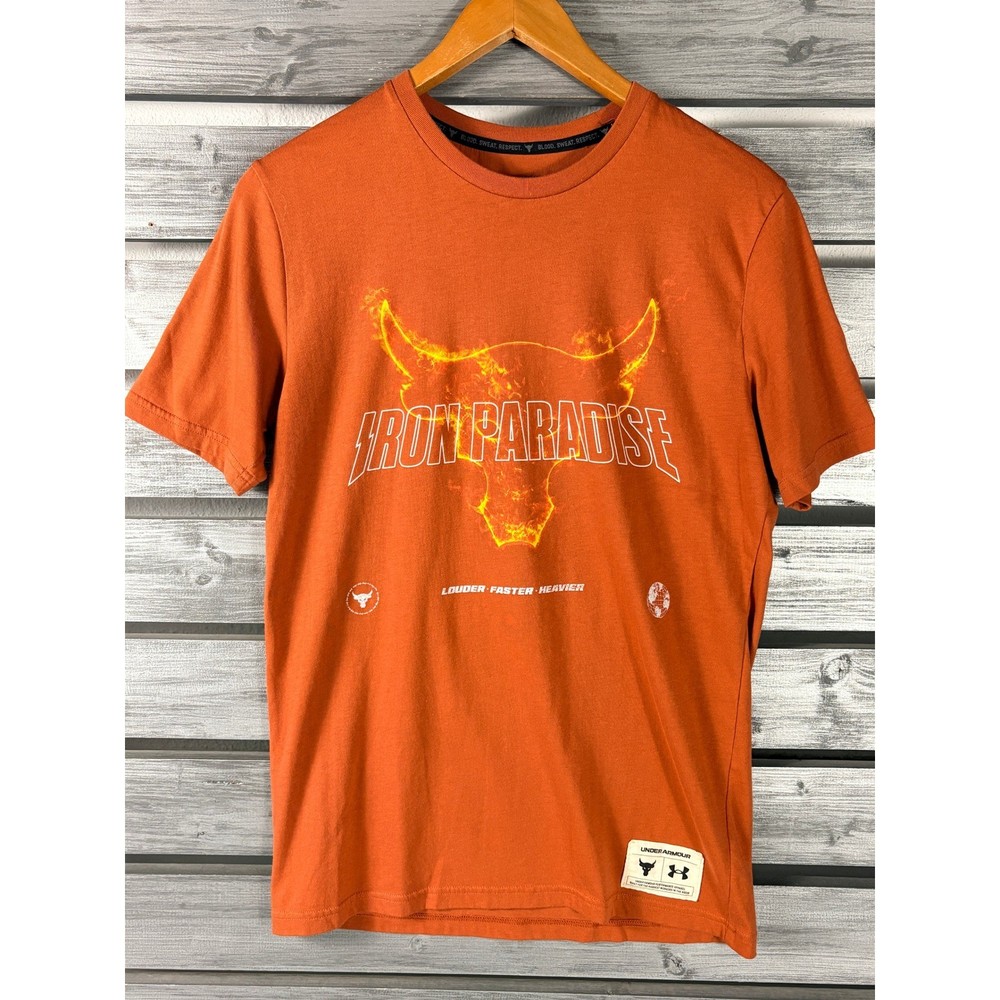 Under Armour Project Rock Iron Paradise Shirt Mens Small Orange Brahma Bull Tee
