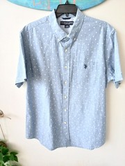 Polo Assasin Mens Sz L. Blue Tiny Palm Trees & Anchors Button Down Soft Cotton