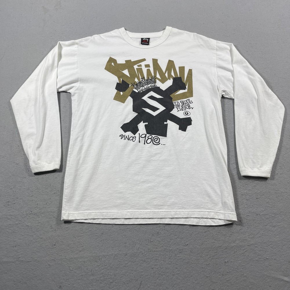 Vintage Stussy Shirt Mens XL White Long Sleeve Old Skool Flavor Graphic 90s