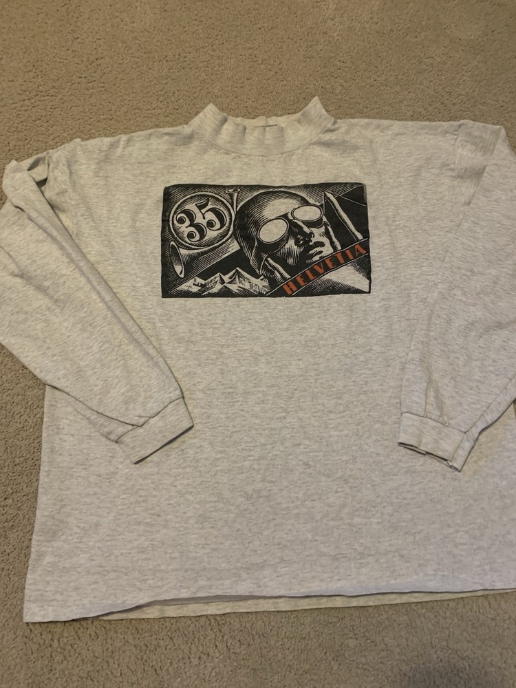 Vintage 1997 Helvetia Bold Art Deco Air Mail Stamp Graphic Shirt Made In USA