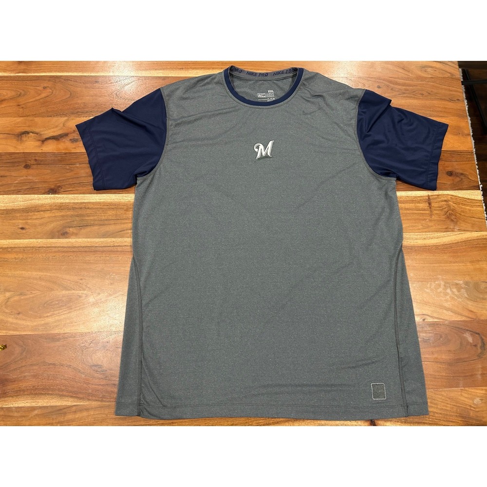 Nike Pro Milwaukee Brewers MLB Shirt Mens XXL Gray Navy Blue Fit Dry Athletic