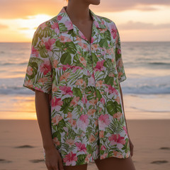 Men Pink Hibiscus Hawaiian Shirt Aloha Tropical Floral Button Down Beach Summer
