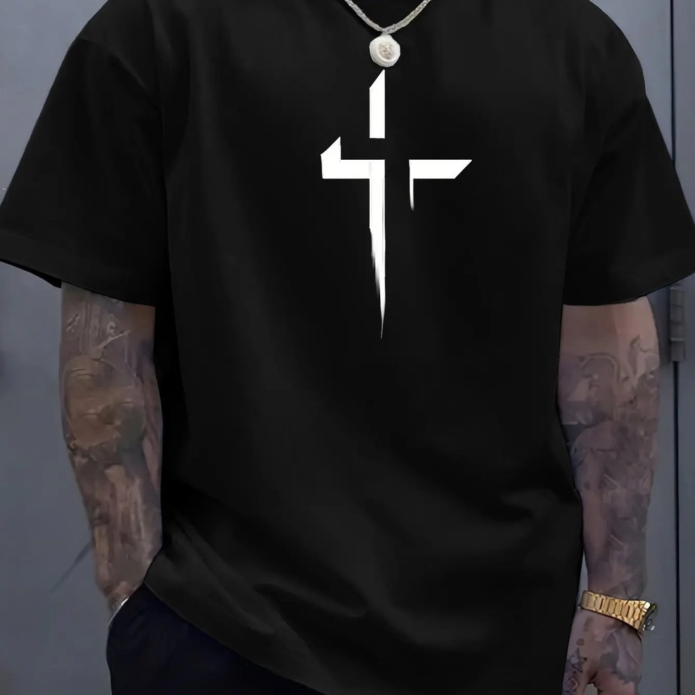 Men T Shirt 100% Cotton Round Neck Short Sleeve Cross Print Plus Size Loose Fit