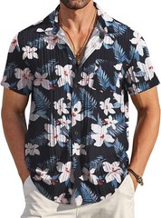 Men Casual Button Down Short Sleeve Textured Summer Beach Shirt with Pocket