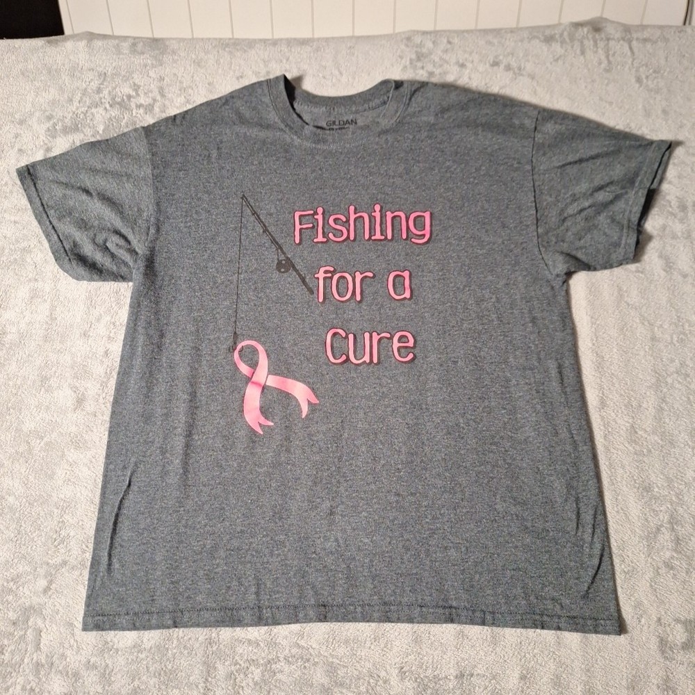 Fishing For A Cure Breast Cancer Awareness T-Shirt Size Large Gray Cotton Blend