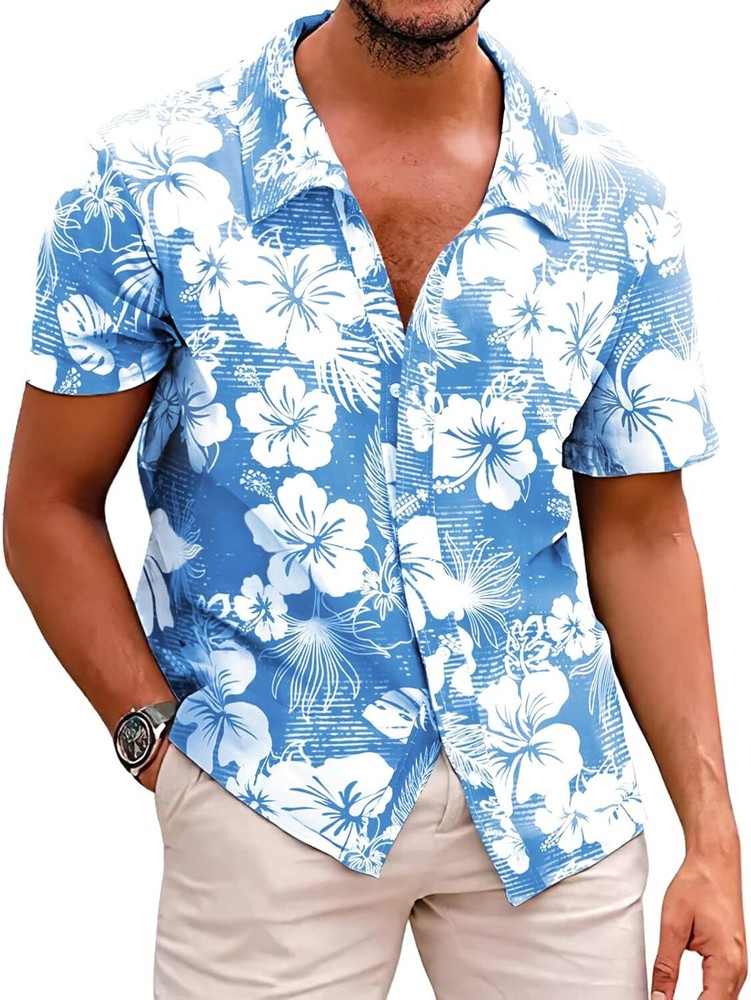 Men’s Hawaiian Floral Shirt Summer Casual Button Down Beach Vacation Top