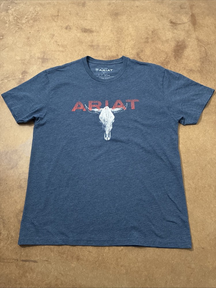 Ariat Men’s Short Sleeve Graphic Tee Blue Sz L Bull Skull Cowboy Western Rodeo