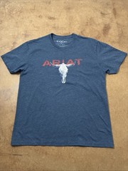 Ariat Men’s Short Sleeve Graphic Tee Blue Sz L Bull Skull Cowboy Western Rodeo