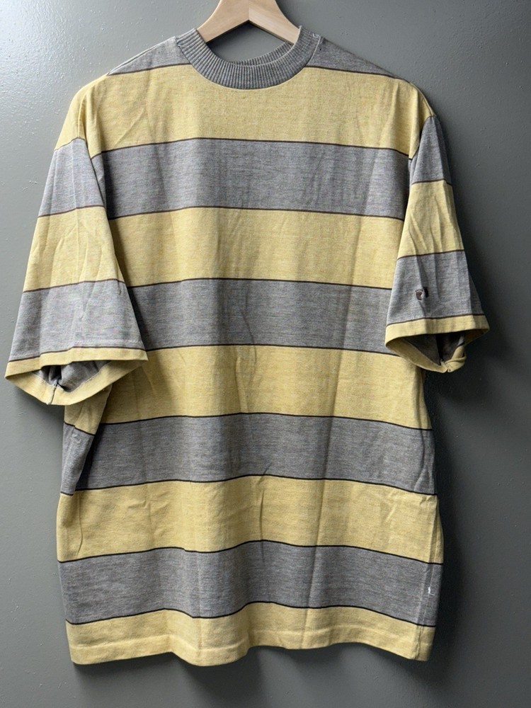Vintage Hang Ten Striped T-Shirt Yellow Grey 70s Surf Skate Made in USA L/XL