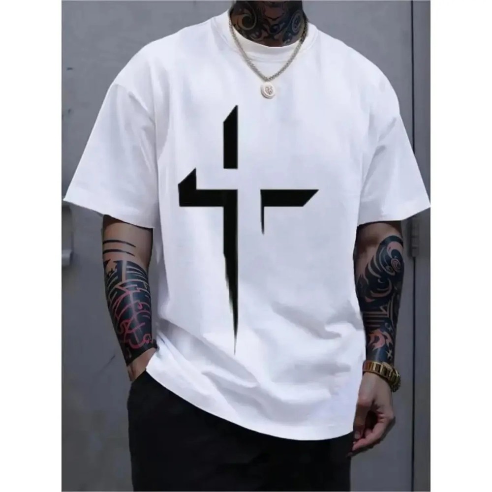Men’s Cotton Cross Print T-Shirt Crew Neck Short Sleeve Casual All-Season Tee