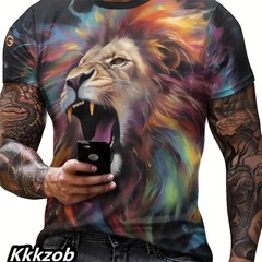 Mens Lion Print Short Sleeve Crew Neck T-Shirt Soft Breathable Casual Wear.