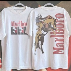 Vintage Marlboro Cowboy Graphic T Shirt Men’s White Short Sleeve Western Rodeo T
