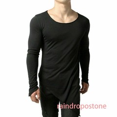 Men Asymmetrical Long Sleeve T Shirt Black White Irregular Hem Gothic Top