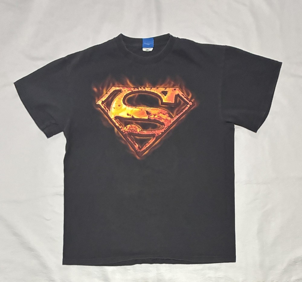 Superman Shirt Mens Large Black Flaming S Logo Graphic Tee DC Comics Superhero