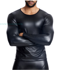 Men’s Round Neck Long Sleeve PU Leather T-shirt Party Club Pullovers Tops Casual