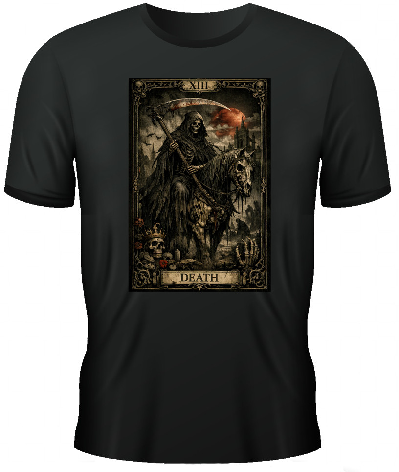 Death Tarot Card T-Shirt Grim Reaper Gothic Horror DTG Print Black Tee INSANE