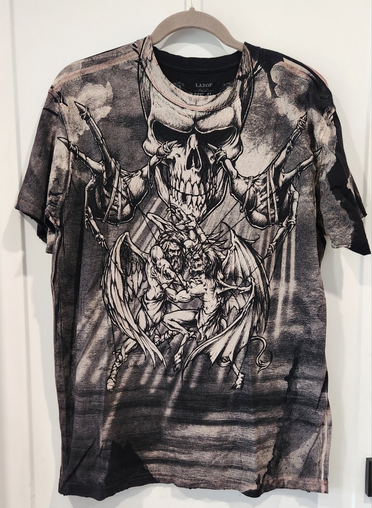 Rare Vtg Affliction Puppet Master God Vs Devil Demon Shirt L Y2K All Over Print