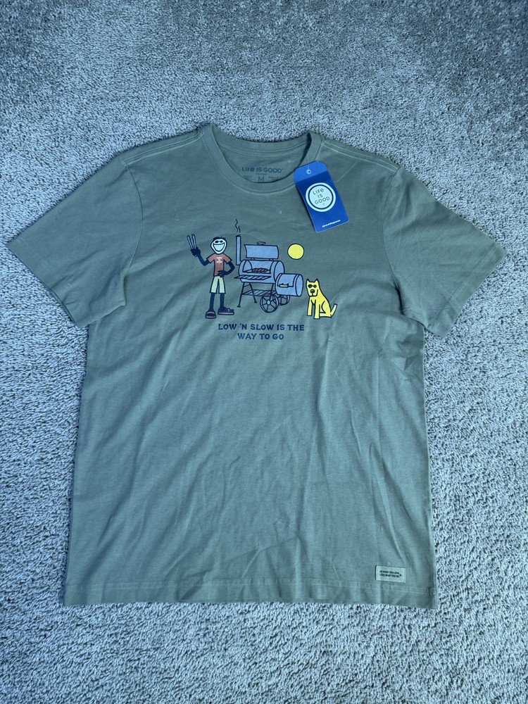 Life Is Good Shirt Mens M Green LOW ‘N SLOW Graphic Crew Neck Cotton Grill