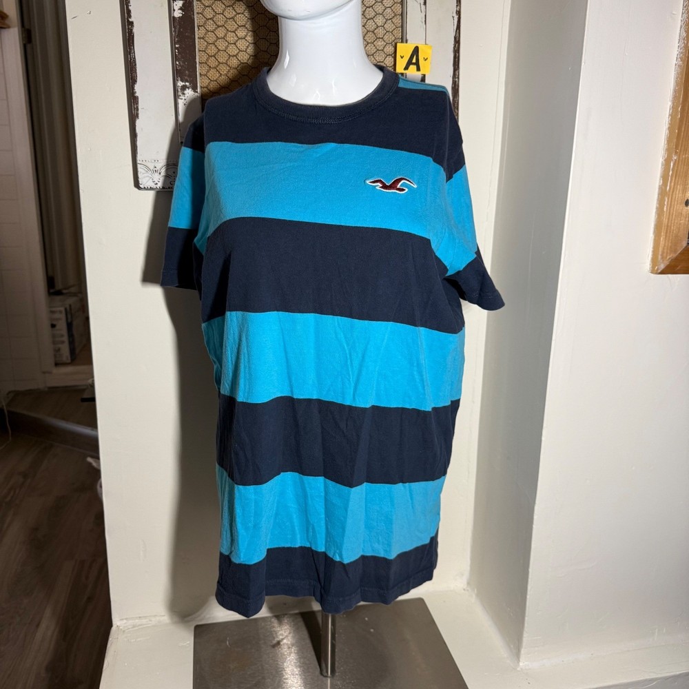 Y2K Hollister T Shirt Striped Embroidered Navy Blue Cyan Mens XL