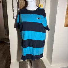 Y2K Hollister T Shirt Striped Embroidered Navy Blue Cyan Mens XL