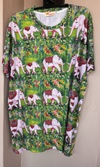 Tommy Vann Short Sleeve T-Shirt Pink Elephants/Green Floral Indian Art To Wear L