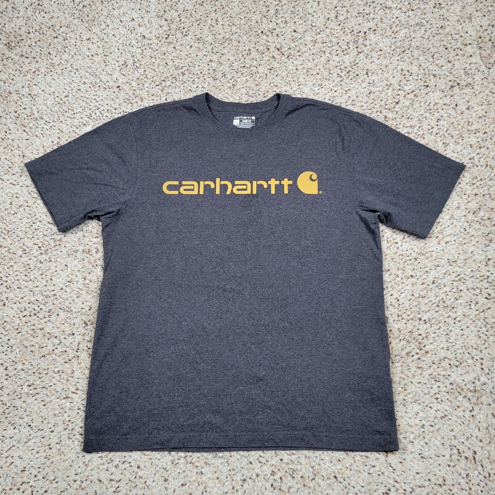 Carhartt Shirt Mens Large Gray Yellow Spell Out Tee Work Wear Outdoors Adult A12