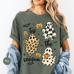 Vintage Halloween Ghost Shirt Tis The Season Retro Spooky Fall Women Unisex Tee