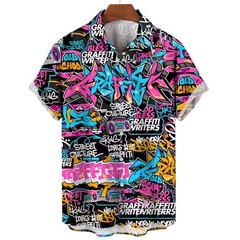 Mens Button Down Shirts Graffiti Printed Hawaiian Colour Top Summer Gift Shirt
