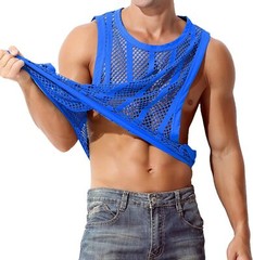 Zonbailon Mens Mesh Tank Fishnet Striped Sleeveless See Thru Muscle Undershirts