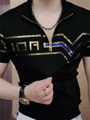 New Men Luxury Diamond Rhinestones Fashion Black Polo T-Shirt High Quality