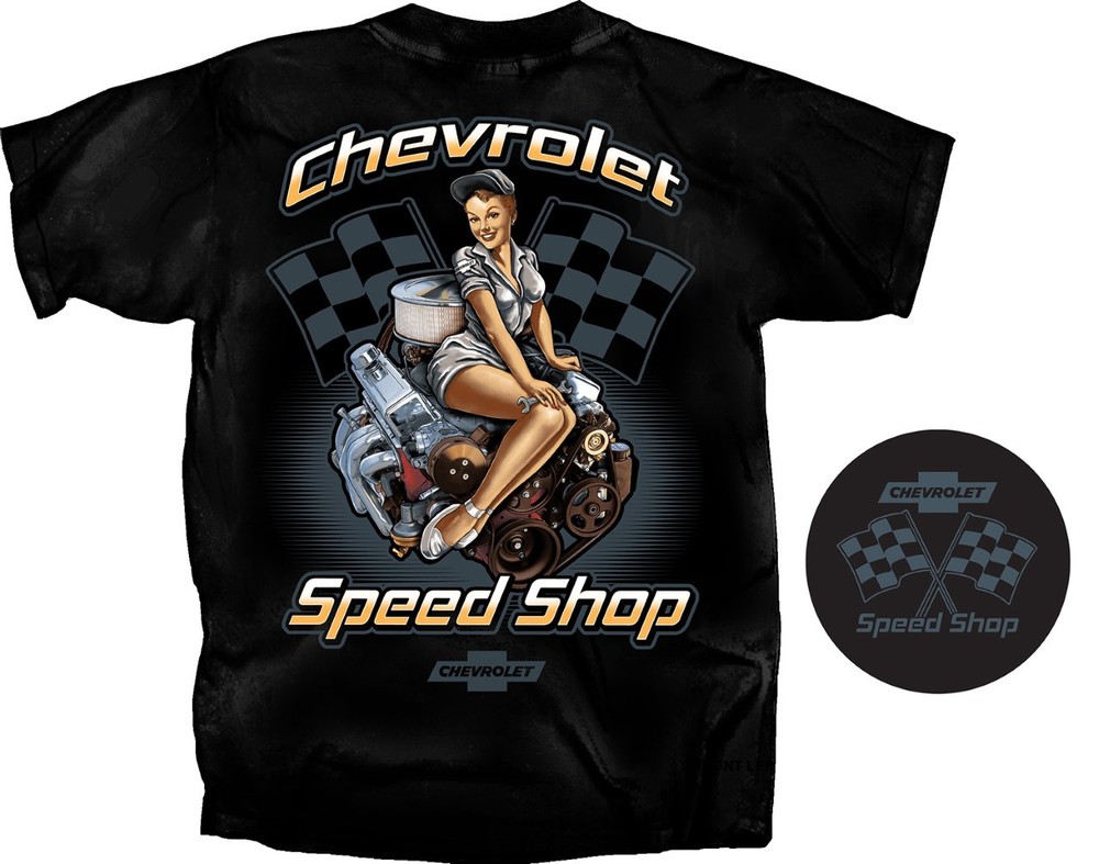 Joe Blow T’s Chevrolet Speed Shop T-Shirt Black Racing Flags Small Block Engine