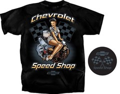 Joe Blow T’s Chevrolet Speed Shop T-Shirt Black Racing Flags Small Block Engine