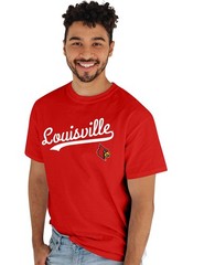 Blue 84 Mens Louisville Cardinals T-Shirt Cursive Team Color Team Color