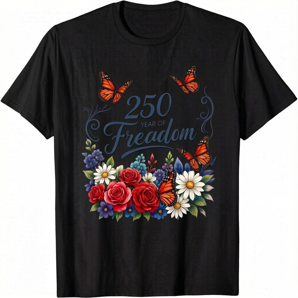 Butterfly and Floral Pattern USA Flag Shirt — America 250th Unisex T-Shirt
