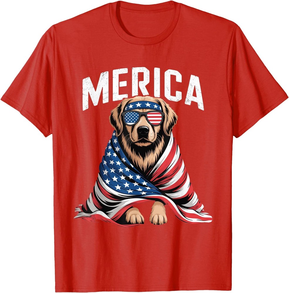 Golden Retriever Merica Dog Patriotic 4th Of July T-Shirt Red