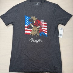 Wrangler Cowboy Riding Bull USA Flag Graphic T-Shirt Men’s Small NWT Gray