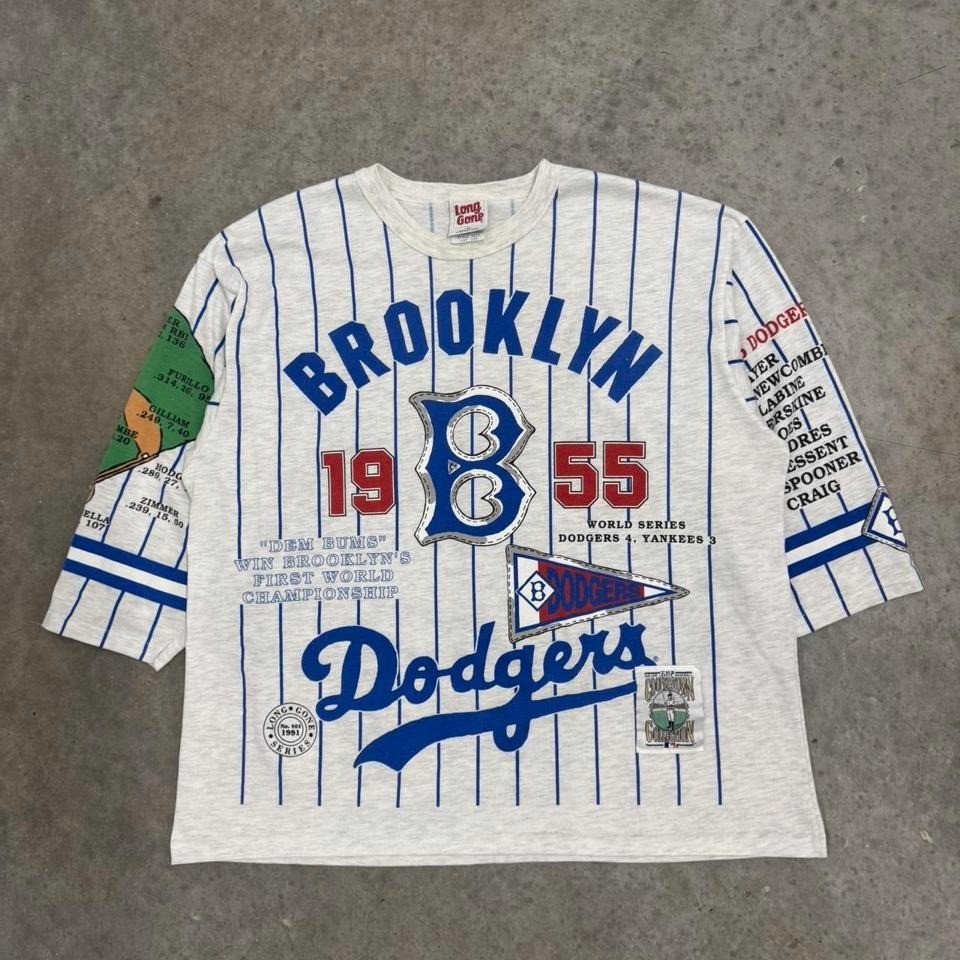 Vintage 90s Brooklyn Dodgers T-shirt Long Gone Jersey Pinstripes Gray Mens XL