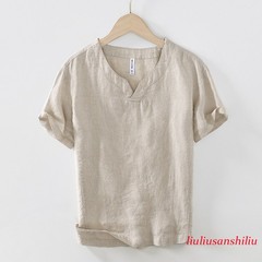 Men 100% Linen T-shirt V Neck Summer Short Sleeves Retro Tops Casual Undershirt