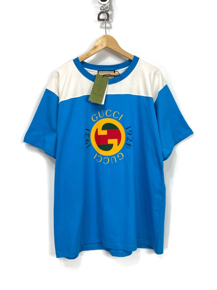 Gucci T-Shirt Men’s Oversized Blue 1921 Logo Print Cotton Jersey NWT, Size L