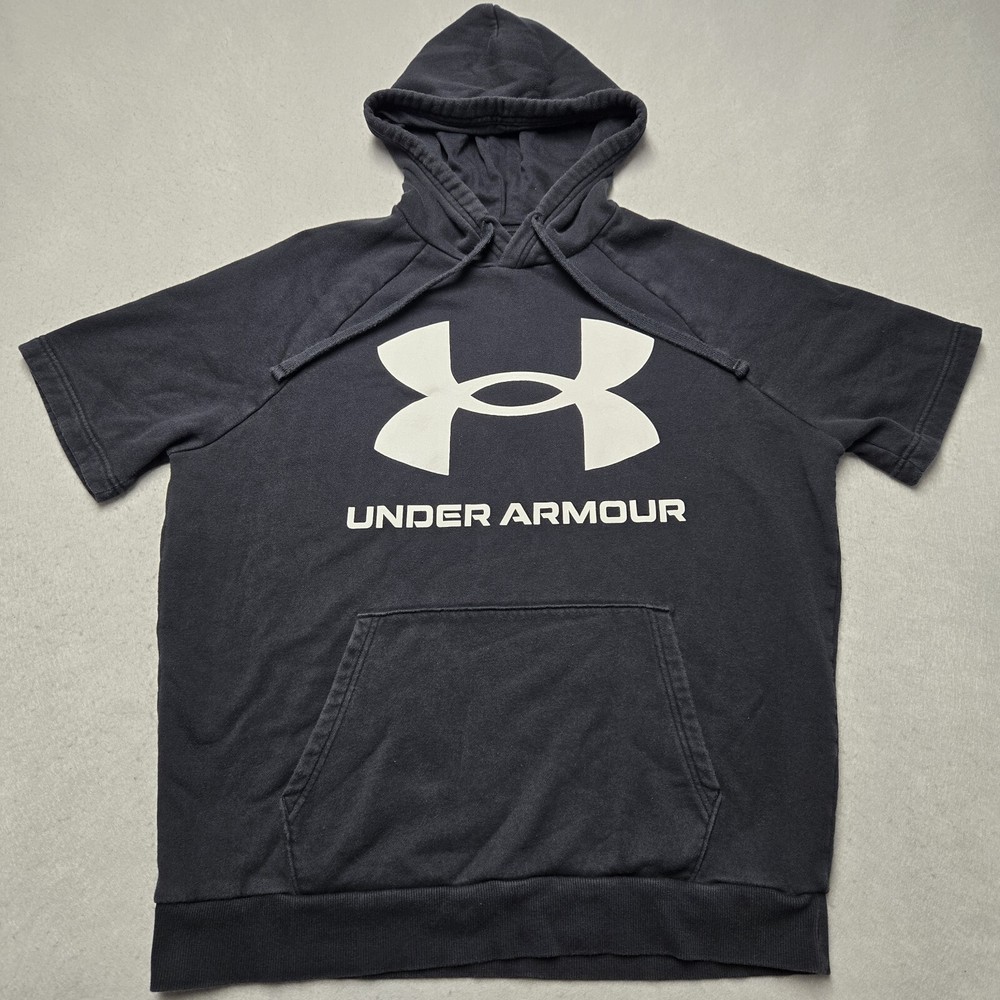 Under Armour Shirt Mens Large Black Short Sleeve Loose Fit Hooded Pullover