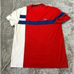 Lacoste Sport Mens Colorblock T-Shirt Red White Blue Stripe Crewneck Logo Tee
