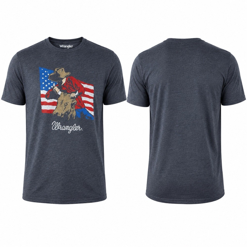 Wrangler Cowboy Riding Bull USA Flag Graphic T-Shirt Men’s Small NWT Gray
