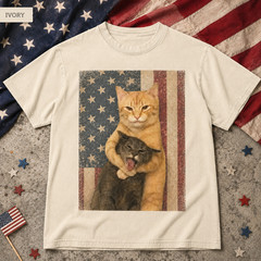Patriotic Cat Vintage Retro Shirt American Flag Two Cats USA 4th July Gift Tee