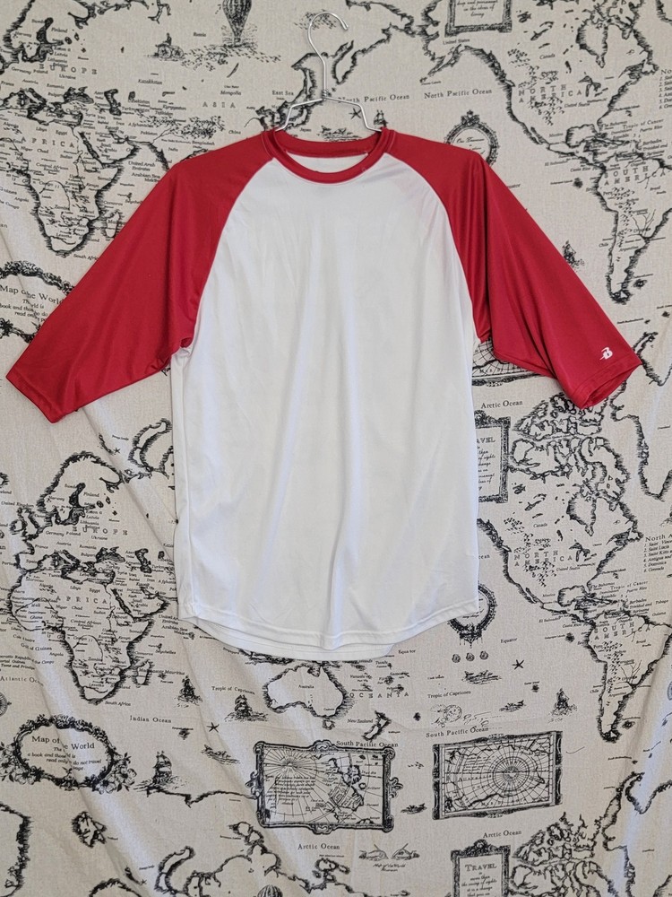 Badger Sport Youth XL Red White Raglan Baseball T-Shirt 3/4 Sleeve Moisture Wick