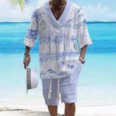 Beach Loose Print V-neck Mens Knitted Short-sleeved Short-shorts Set Casual 2pcs