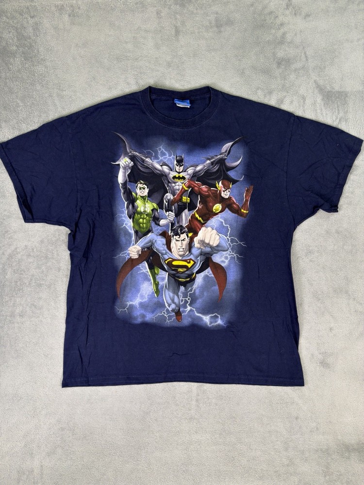 Vintage Justice League Shirt Mens 2XL Blue Navy DC Comics Graphic Cartoon Y2K
