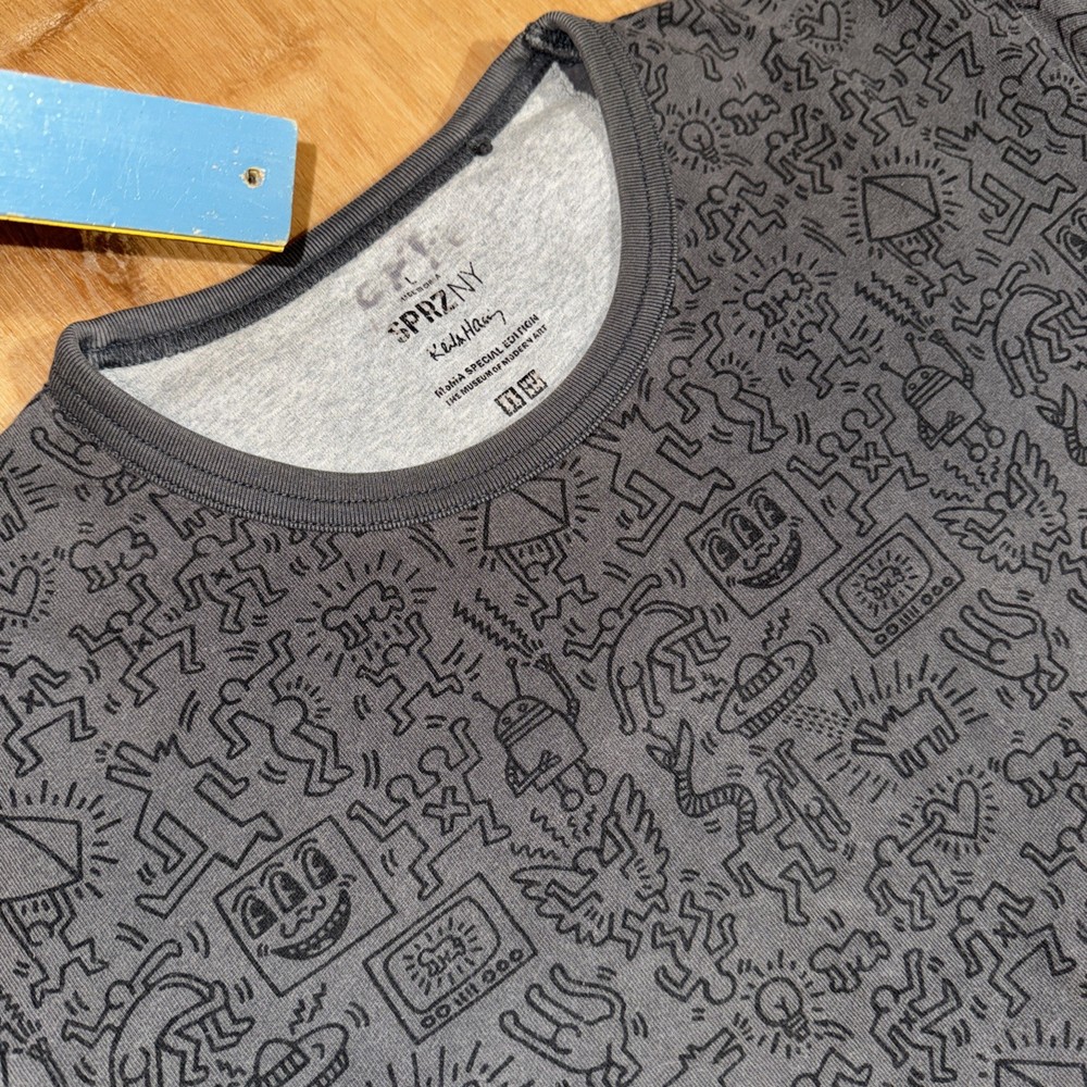 Keith Haring SprzNY All Over Print Detail Classic Gray Tee Shirt Characters Face